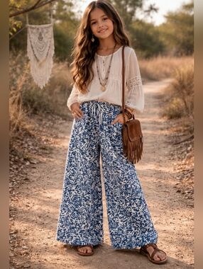 Zara Navy Blue and White Floral Wide Leg  Pants Size 9